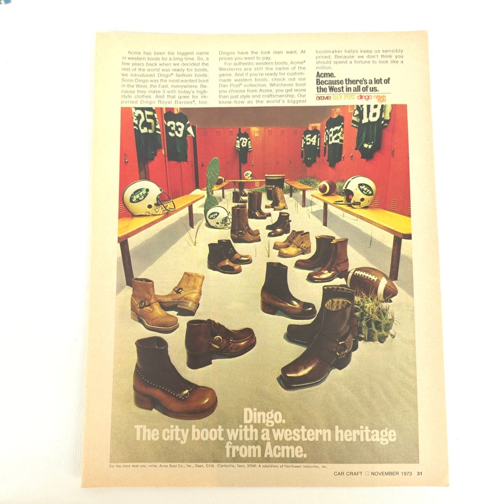 Acme Dingo Western Boots Print Ad New York Jets NFL Locker Room Vintage 1973